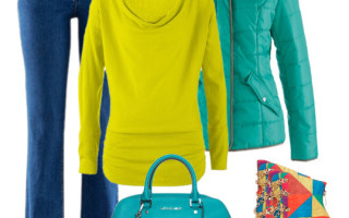 Jeansi cu pulover verde neon si geaca turcoaz